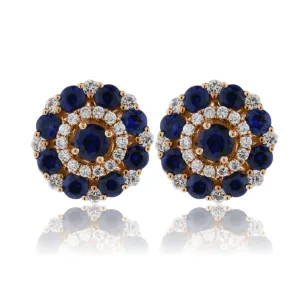 Blue Sapphire & Diamond Circle Cluster Stud Earrings