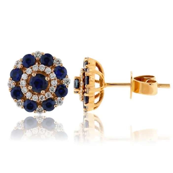 Blue Sapphire & Diamond Circle Cluster Stud Earrings