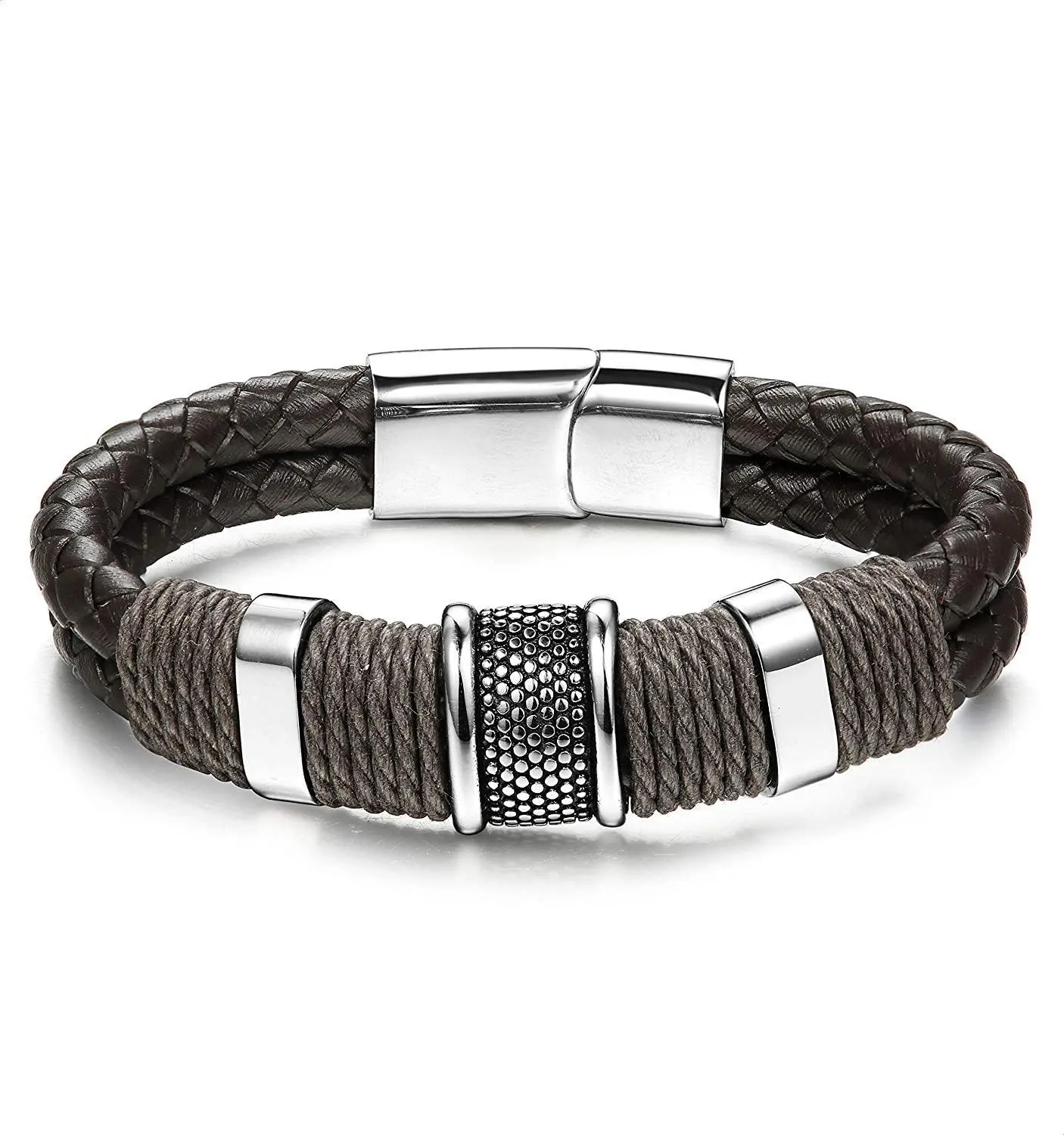 Braided Leather Cuff Bracelet Magnetic Clasp 7.5-8.5 inches