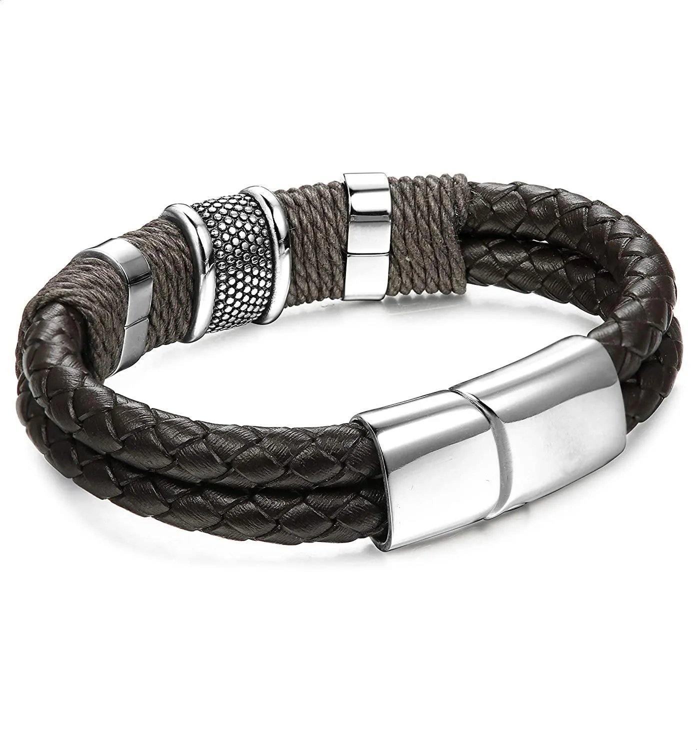 Braided Leather Cuff Bracelet Magnetic Clasp 7.5-8.5 inches