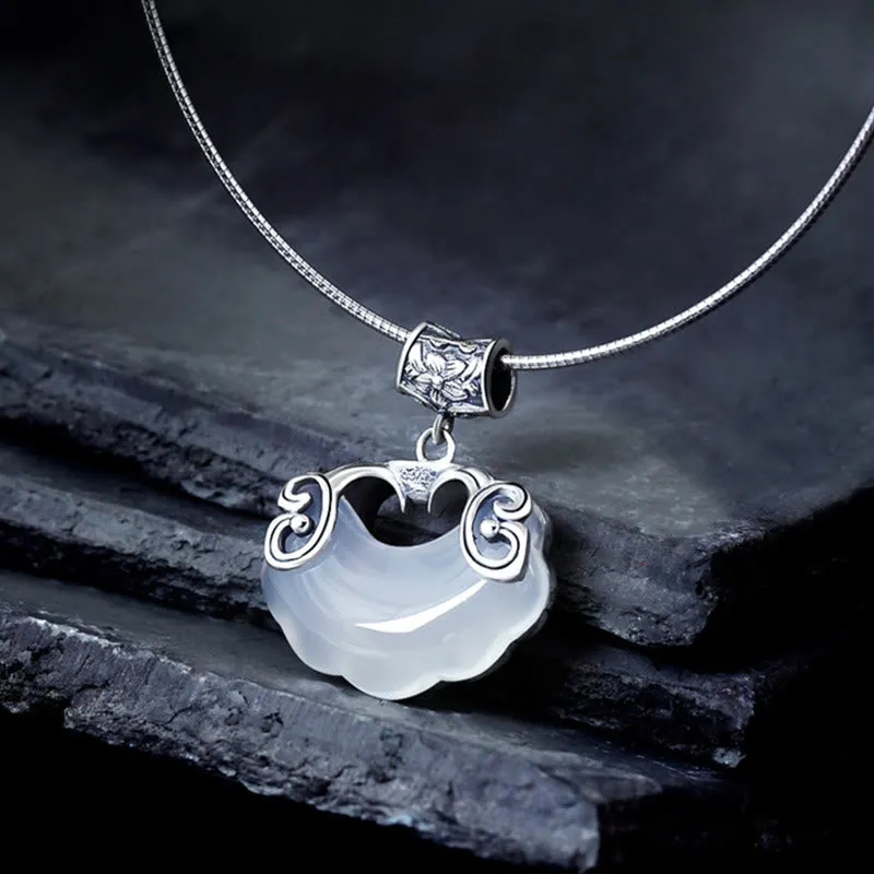 Buddha Stones 925 Sterling Silver Natural Chalcedony Lock of Good Wishes Koi Fish Luck Necklace Pendant