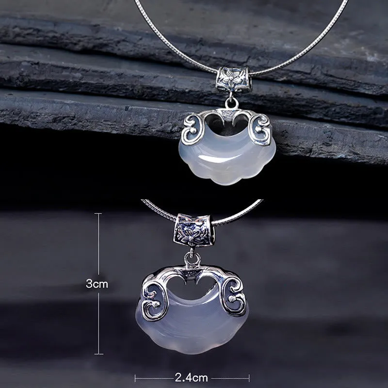 Buddha Stones 925 Sterling Silver Natural Chalcedony Lock of Good Wishes Koi Fish Luck Necklace Pendant