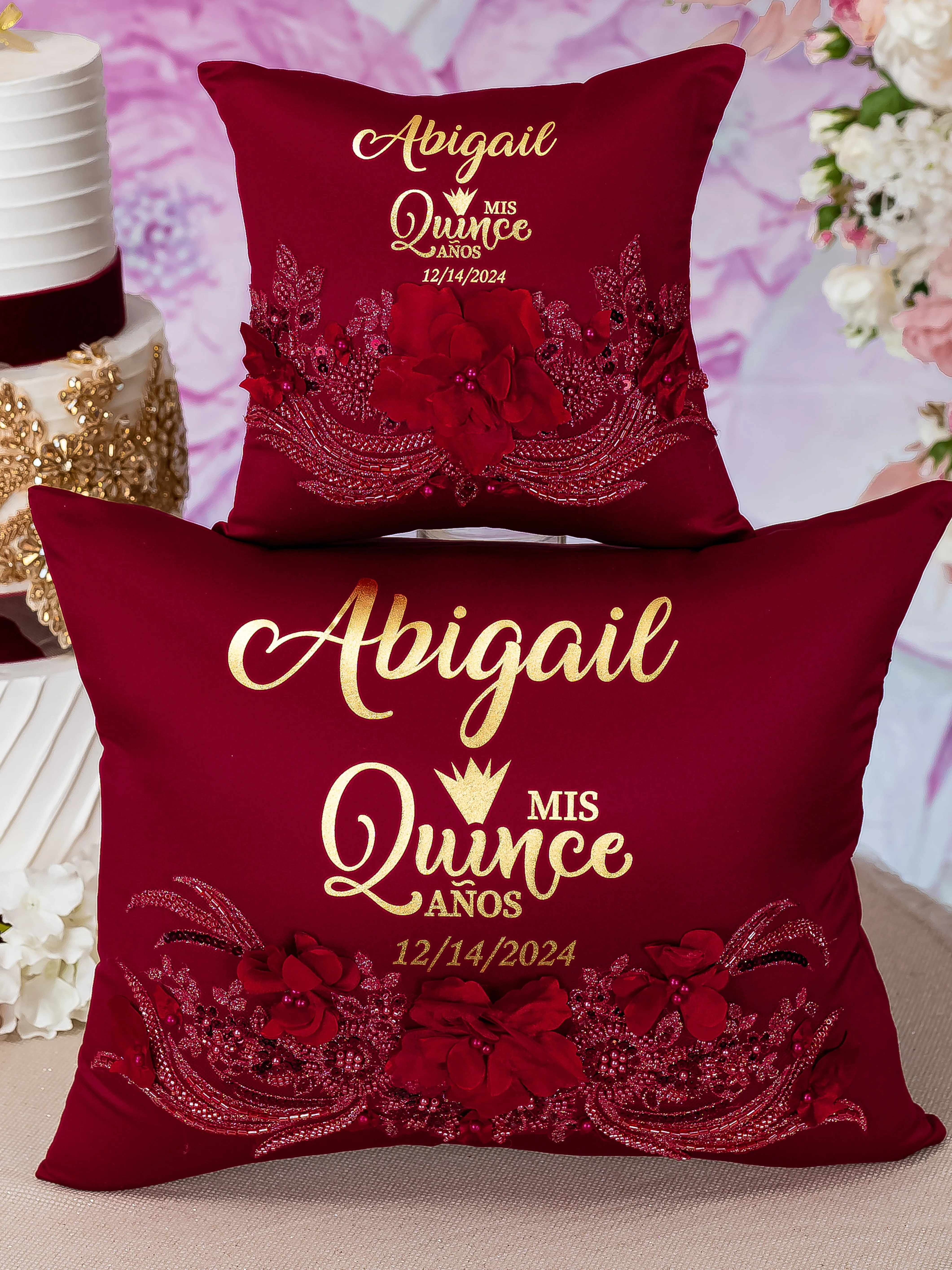 Burgundy quinceanera pillows set