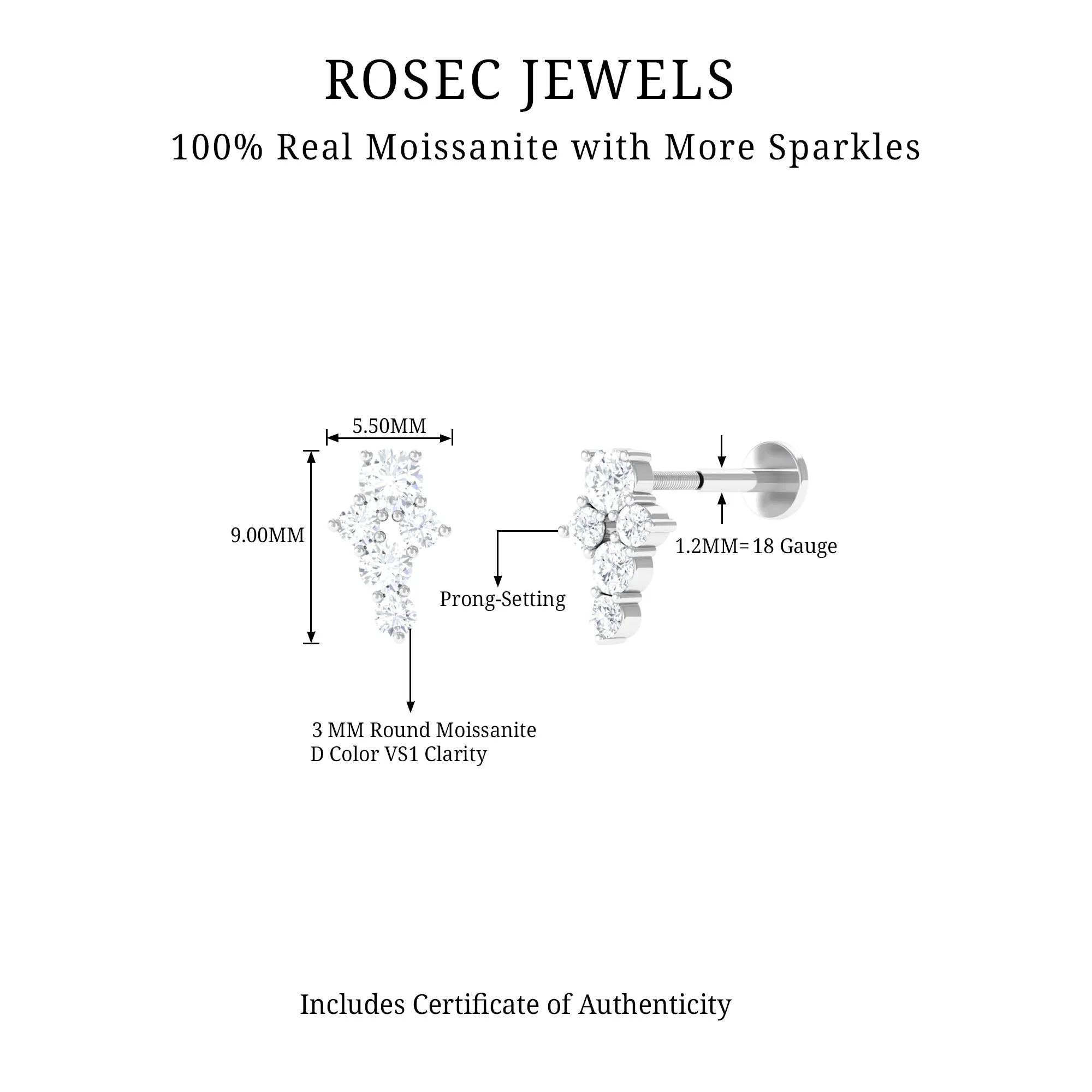 Certified Round Moissanite Cluster Cartilage Earring