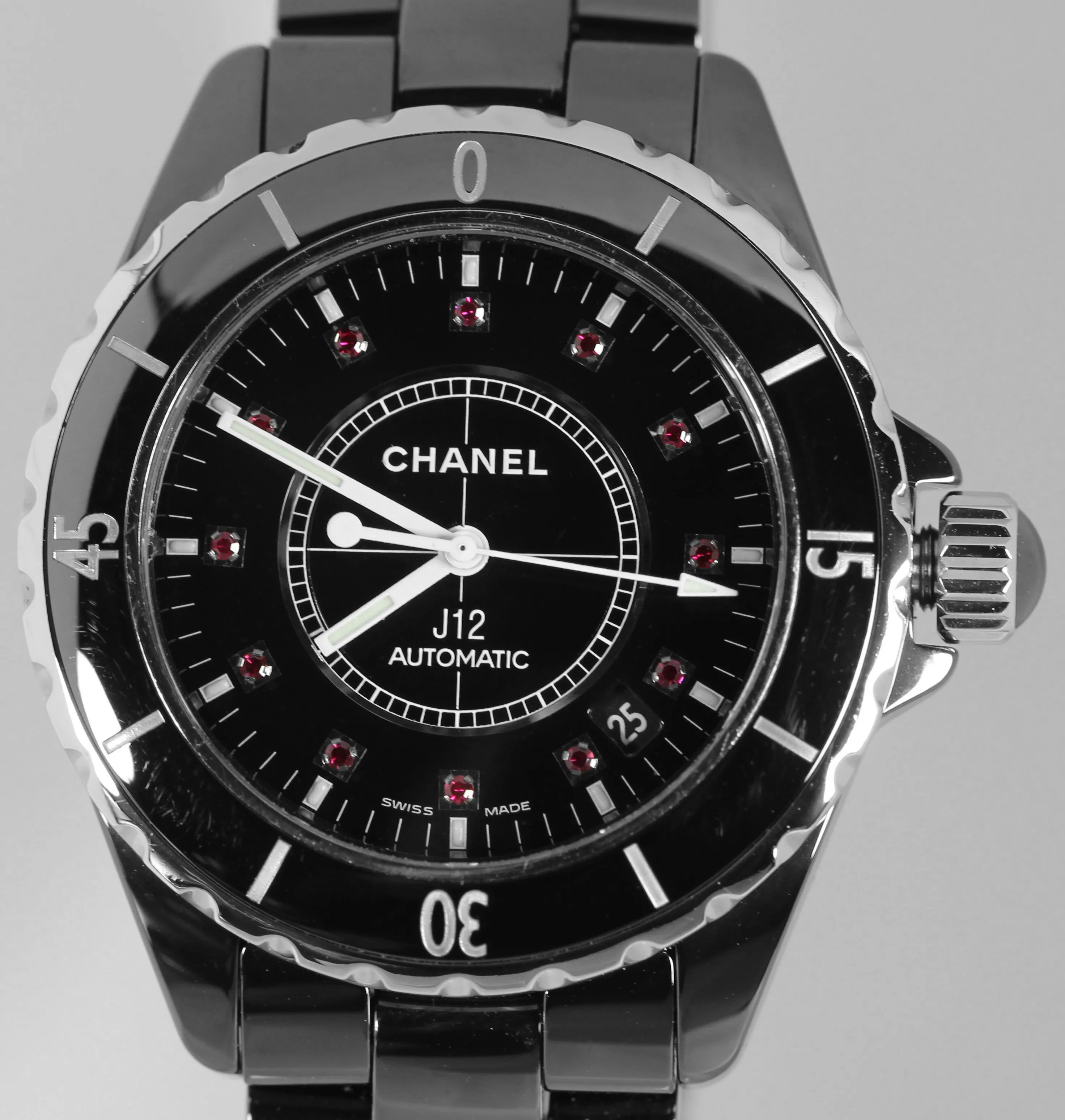 Chanel J12 Black Ceramic Automatic Black RUBY Dial 38mm H1635 Watch