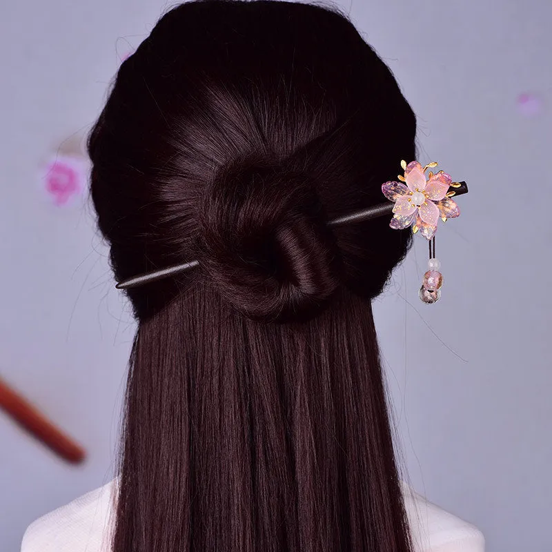 Chinese Hair Pin - Pink Vintage Flower Cherry Blossom - Peach Blossom - Hair Stick Bead Hair Pins Retro Hair Sticker Pink White Jade Pearls