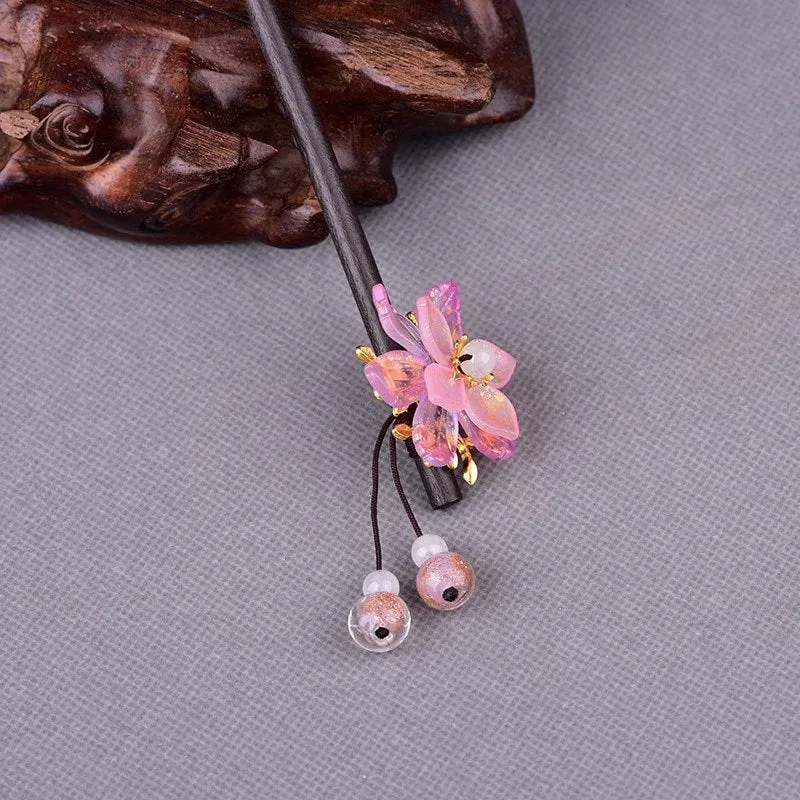 Chinese Hair Pin - Pink Vintage Flower Cherry Blossom - Peach Blossom - Hair Stick Bead Hair Pins Retro Hair Sticker Pink White Jade Pearls