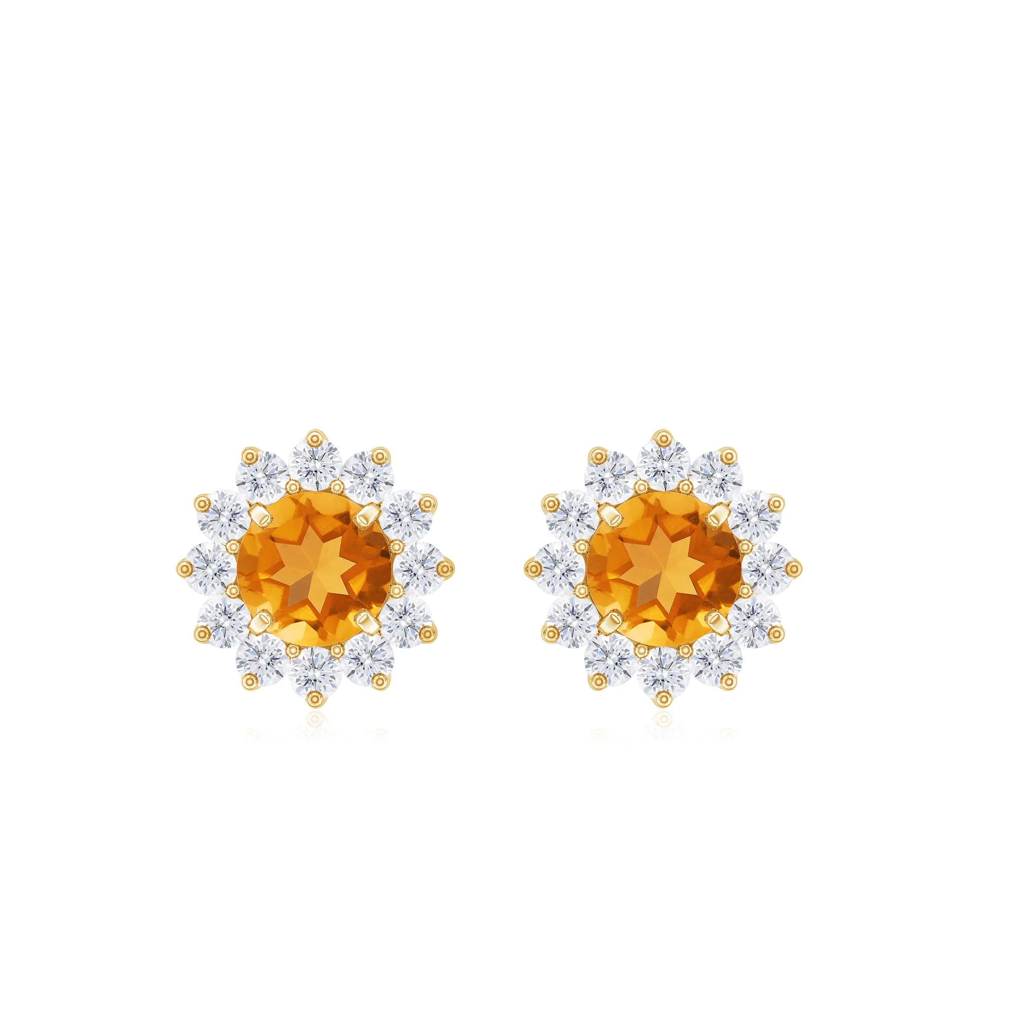 Classic Round Citrine and Diamond Halo Stud Earrings