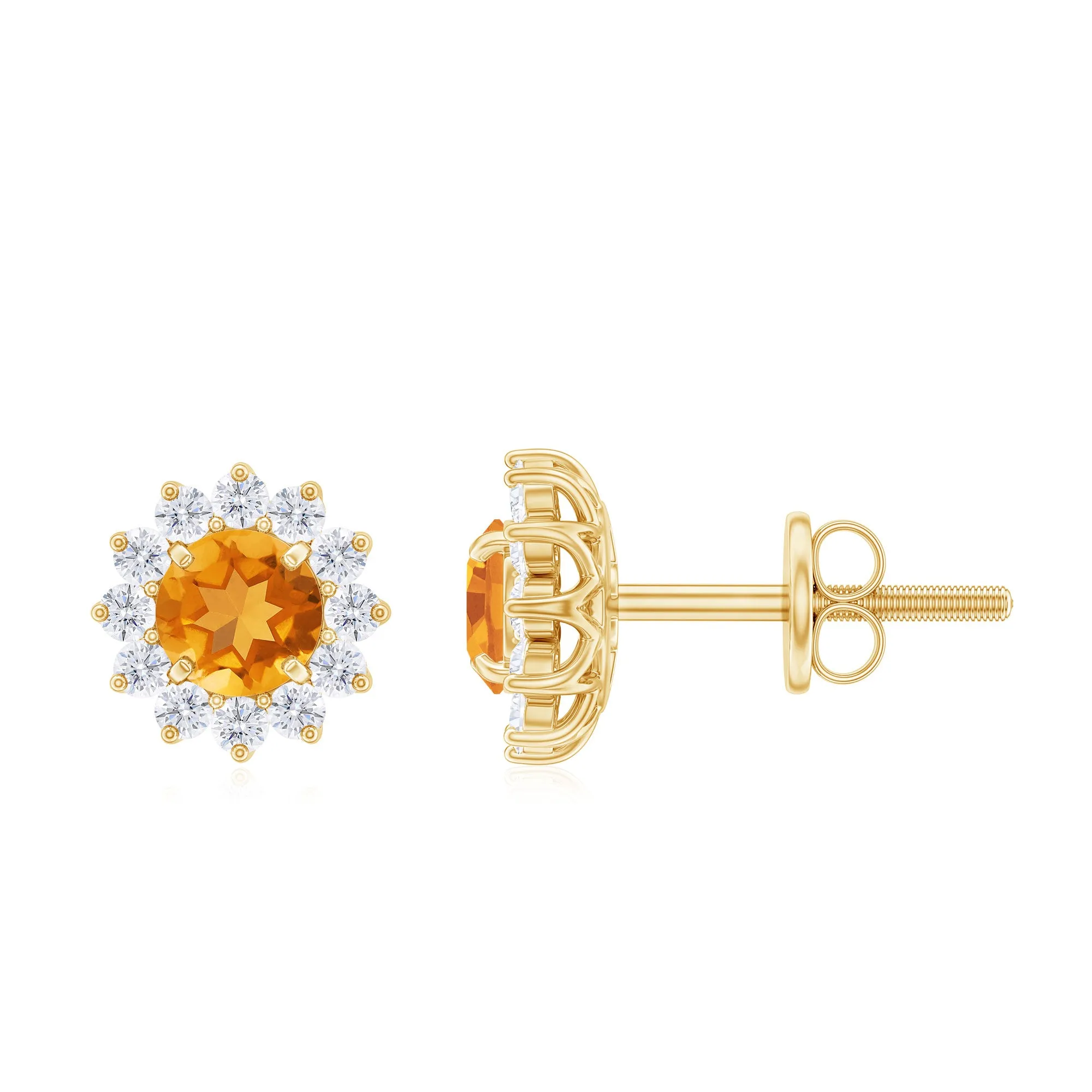 Classic Round Citrine and Diamond Halo Stud Earrings