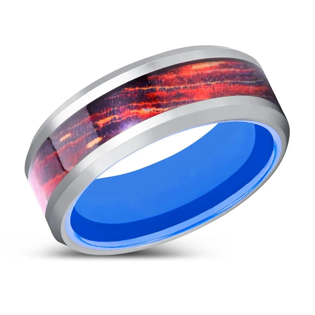 CLESTRIA | Blue Tungsten Ring, Galaxy Wood Inlay Ring, Silver Edges