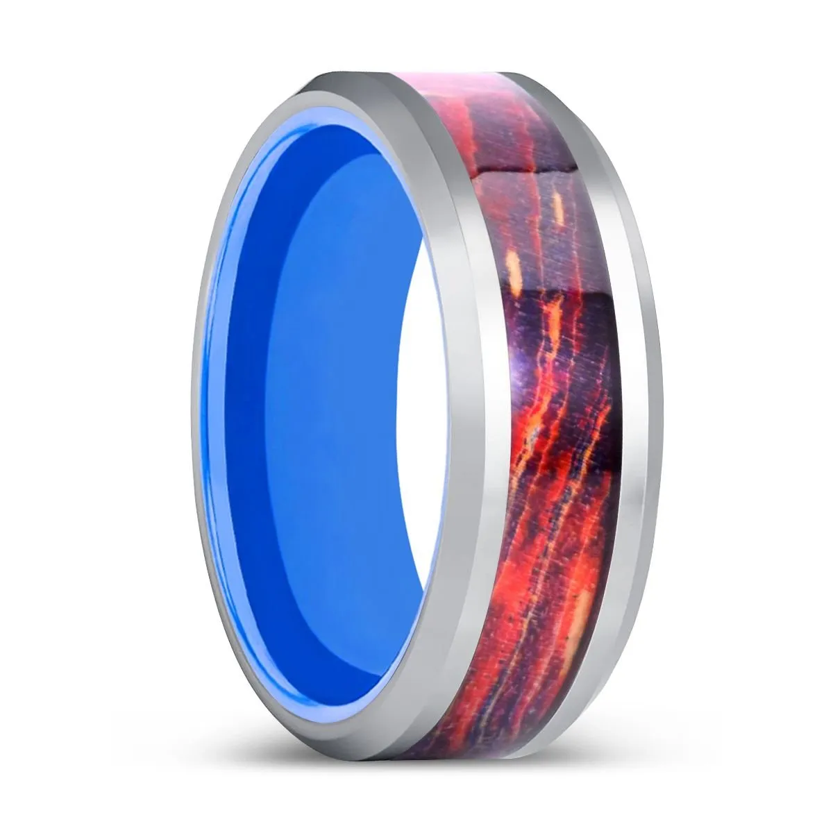 CLESTRIA | Blue Tungsten Ring, Galaxy Wood Inlay Ring, Silver Edges