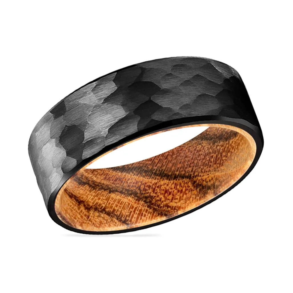 CLOVE | Bocote Wood, Black Tungsten Ring, Hammered, Flat