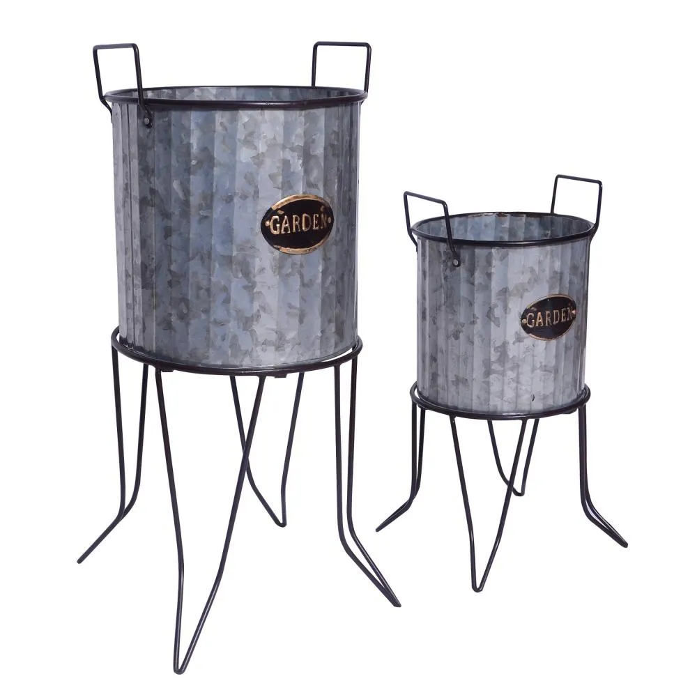 Corrugated Design and Metal Frame, Galvanized Plant Stand with , Set of 2, Metallic Gray By The Urban Port