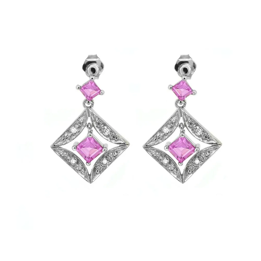 Created Pink Sapphire and Diamond Earrings in 10K White Gold