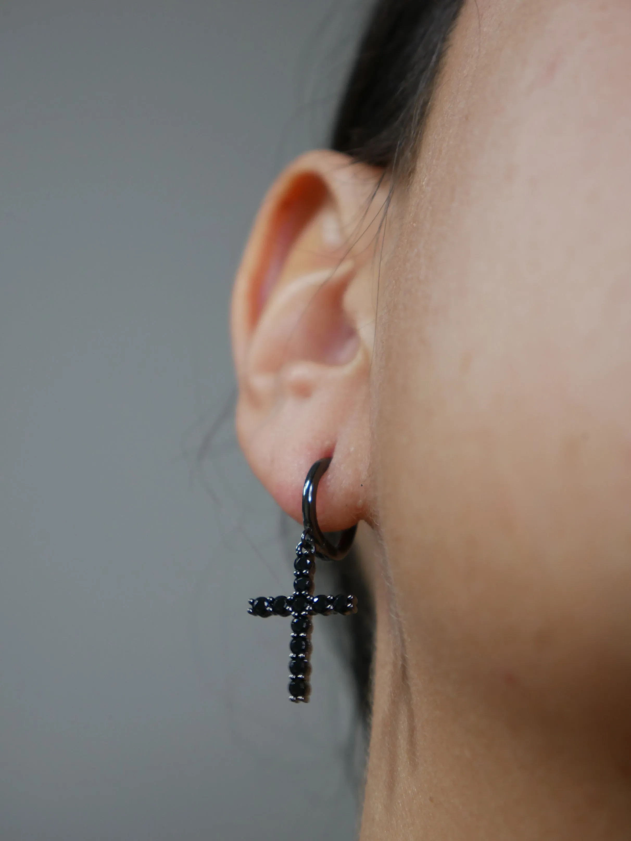 Cross Earrings 925 Sterling Silver Black Rhodium Plated Dangly Huggie Unisex Cross Earrings