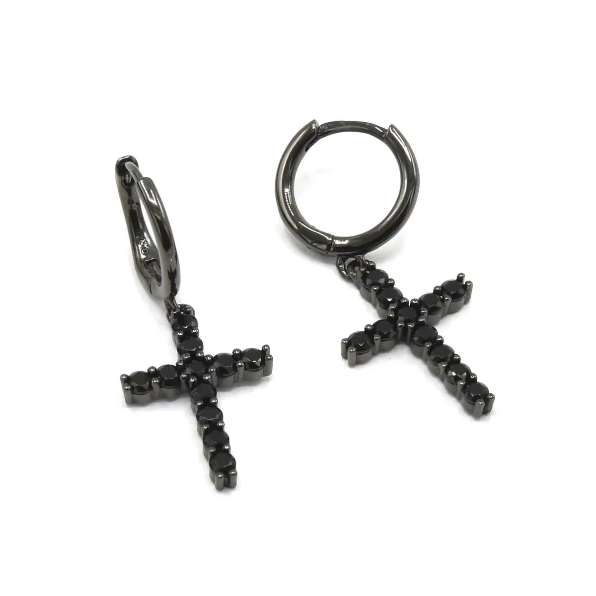 Cross Earrings 925 Sterling Silver Black Rhodium Plated Dangly Huggie Unisex Cross Earrings