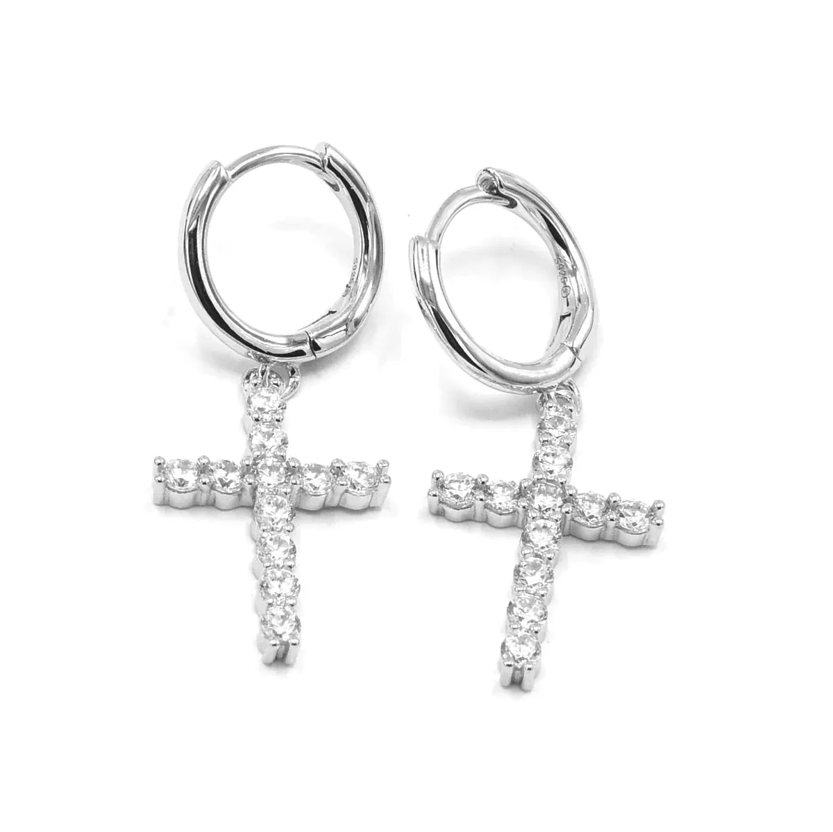 Cross Earrings 925 Sterling Silver Black Rhodium Plated Dangly Huggie Unisex Cross Earrings