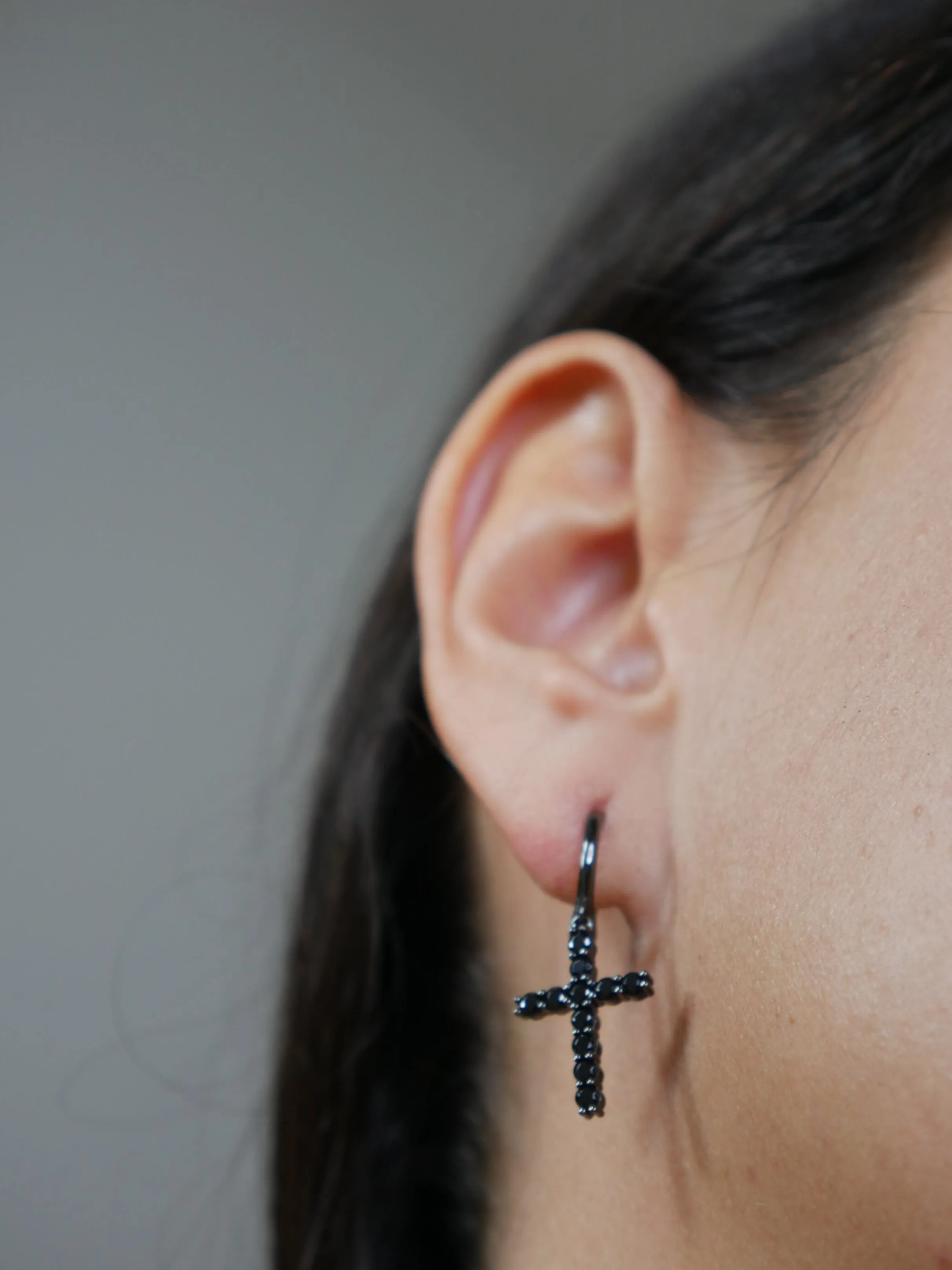 Cross Earrings 925 Sterling Silver Black Rhodium Plated Dangly Huggie Unisex Cross Earrings