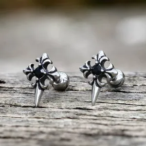 Cross Inlaid Black Stone Stainless Steel Earrings