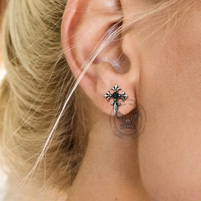 Cross Inlaid Black Stone Stainless Steel Earrings