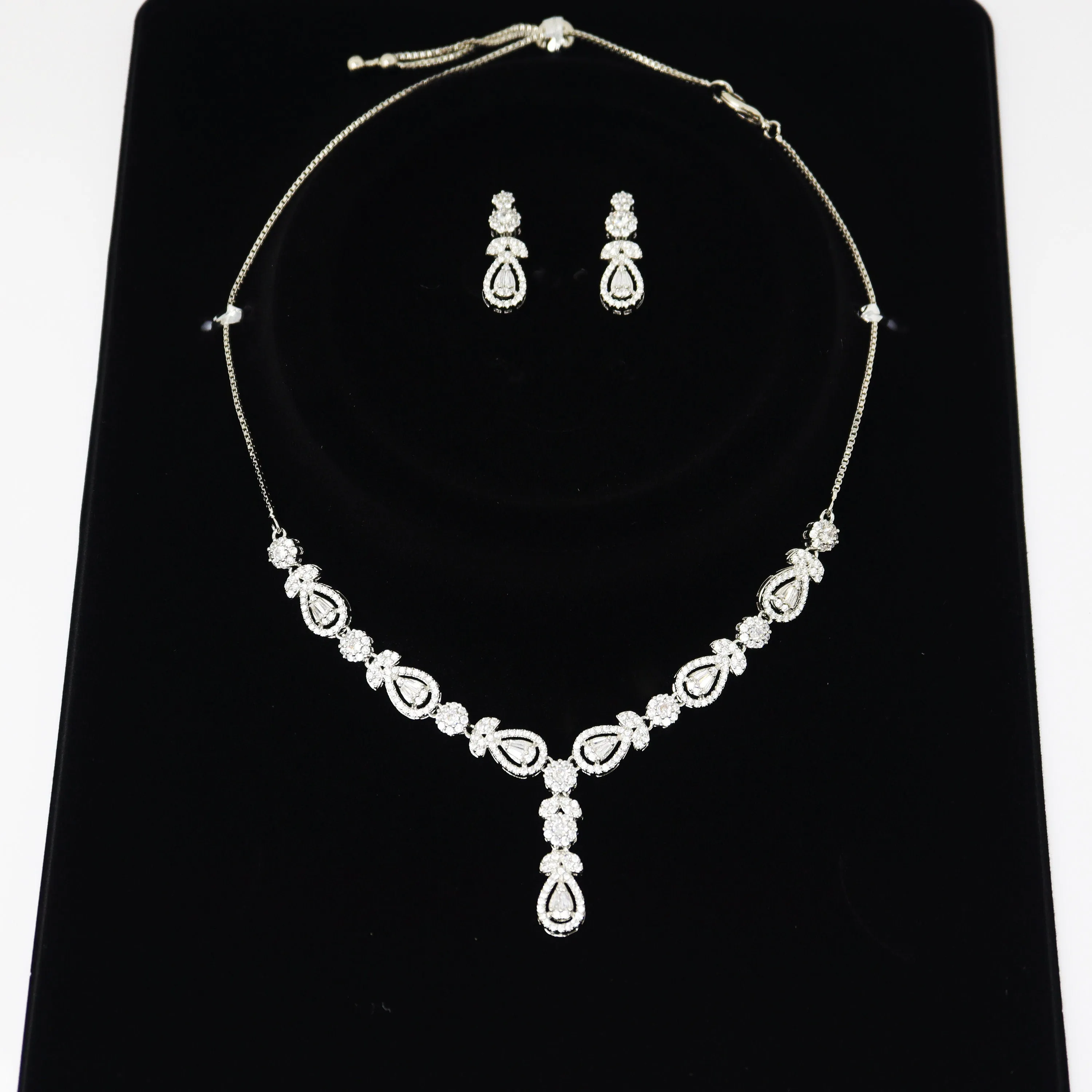 CZ Diamond Silver Blossom Dainty Necklace Set , Bridal Jewelry, Bridal Earrings And Necklace, Statement Earrings Cz, Necklace Set