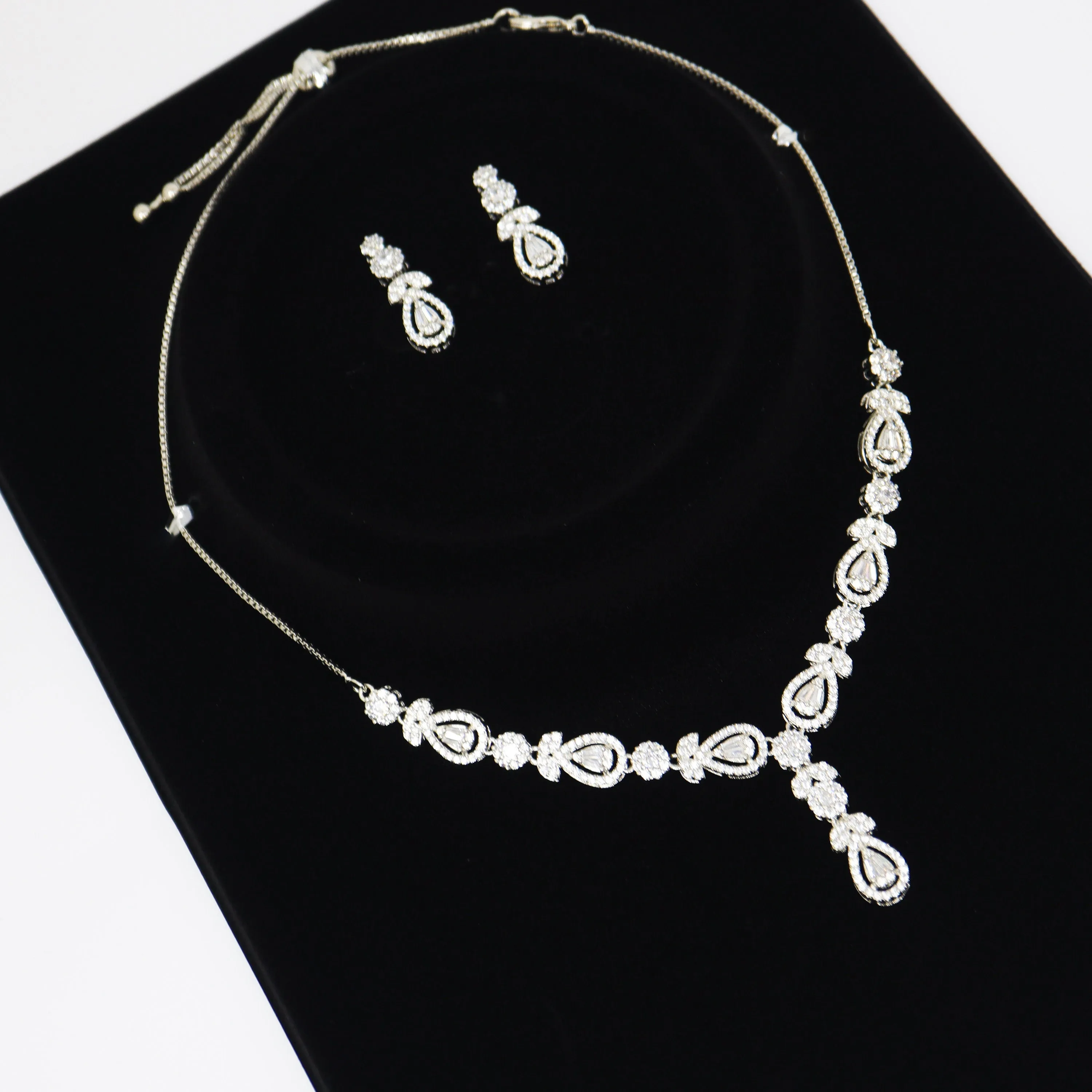 CZ Diamond Silver Blossom Dainty Necklace Set , Bridal Jewelry, Bridal Earrings And Necklace, Statement Earrings Cz, Necklace Set