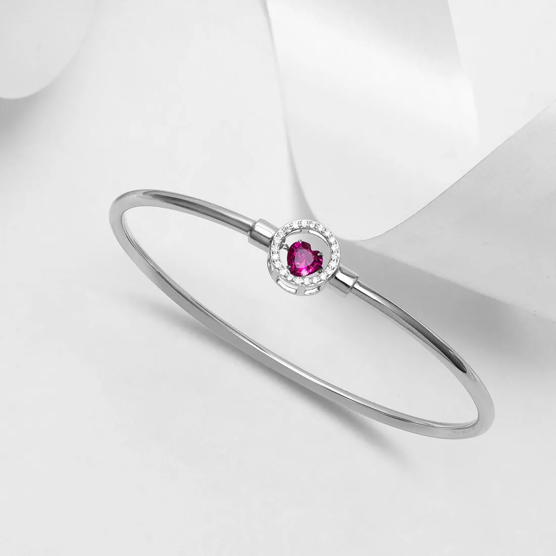 Dangling Ruby Heart 925 Silver Bangle Bracelet