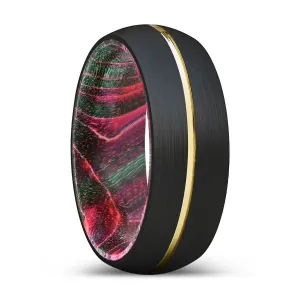 DEFIANT | Green & Red Wood, Black Tungsten Ring, Gold Groove, Domed