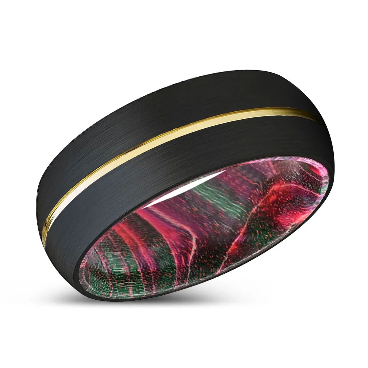 DEFIANT | Green & Red Wood, Black Tungsten Ring, Gold Groove, Domed