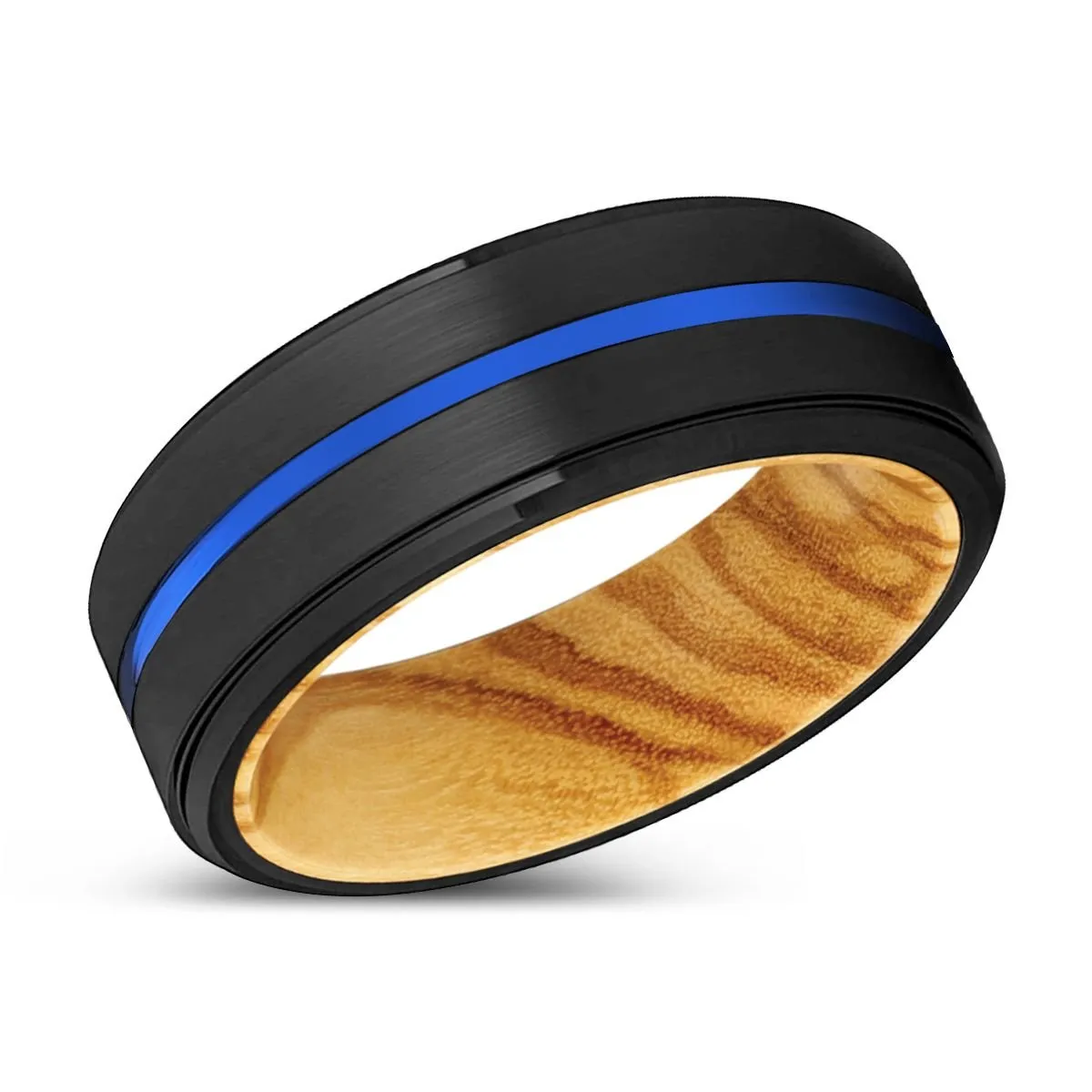 DELIGHT | Olive Wood, Black Tungsten Ring, Blue Groove, Stepped Edge