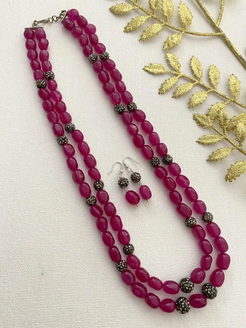 Designer Semi Precious Magenta Color Jade Beads Layered Necklace By Gehna Shop