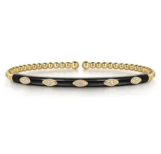 Diamond Yellow Gold Bujukan Beads Split Bangle Bracelet with Black Enamel