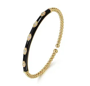 Diamond Yellow Gold Bujukan Beads Split Bangle Bracelet with Black Enamel