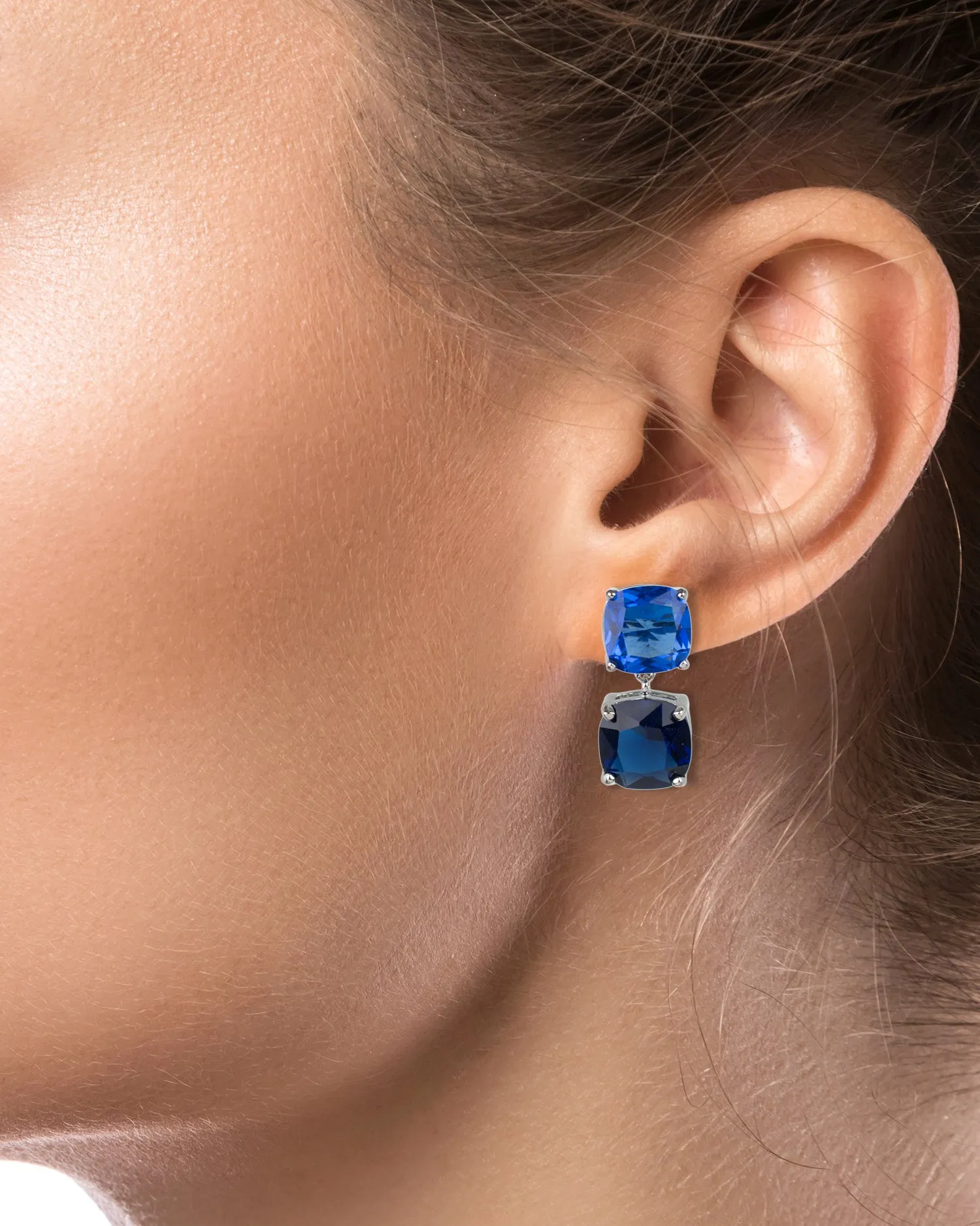 Double Blue Sapphire Cushion Drop Earrings