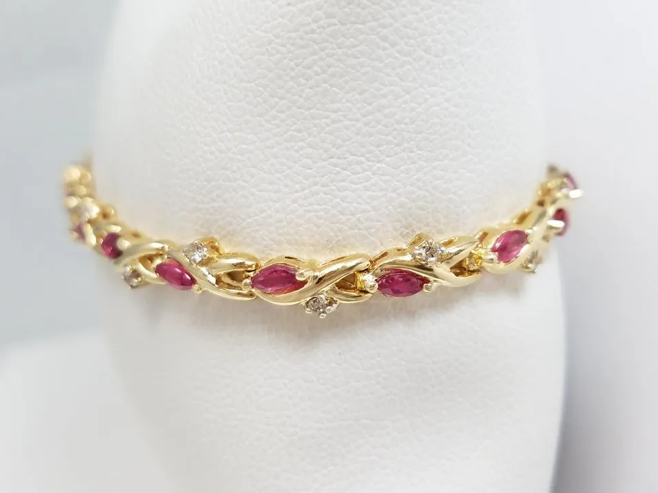 Elegant 7.25" 14k Yellow Gold Natural Ruby Diamond Custom Bracelet