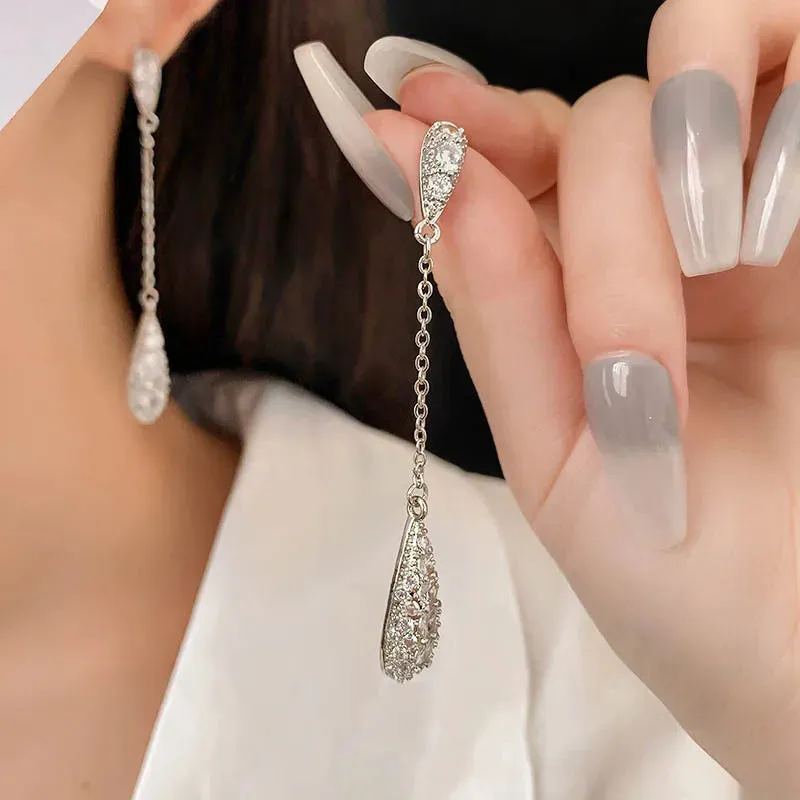 Elegant White Zircon Water Drop Sweet Temperament Silver New Earring