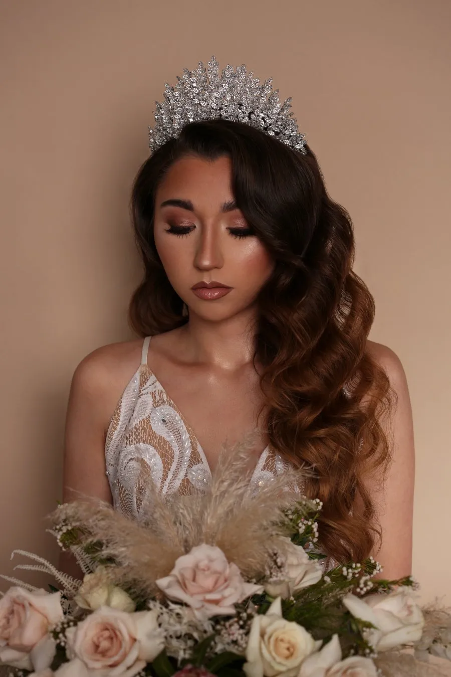 Ellee Real Bride Adorned with ALEXIA Leaf Swarovski 3-D Luxurious Bridal Tiara