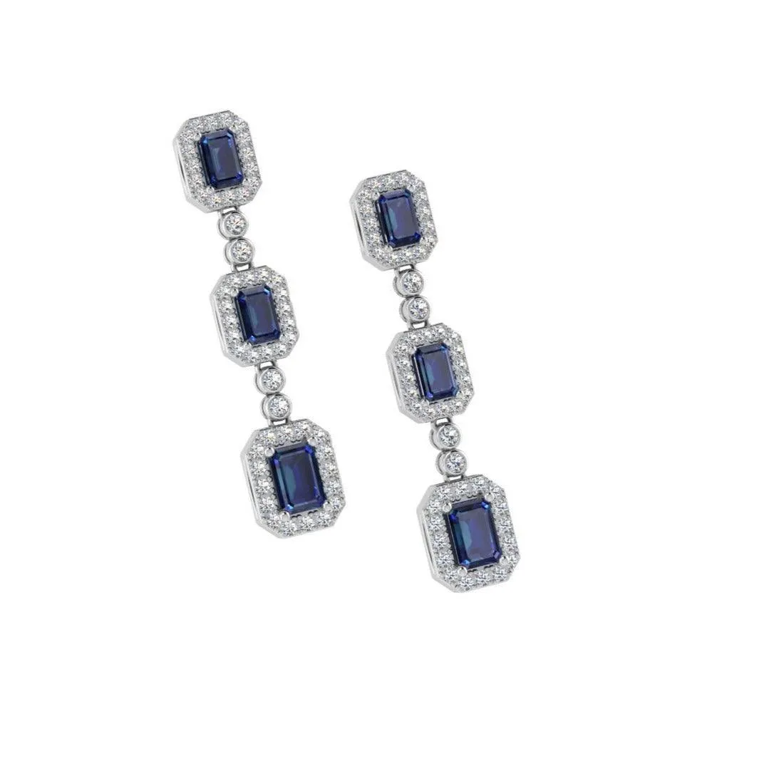 Emerald cut Sapphire 1 carat Diamond Halo earrings