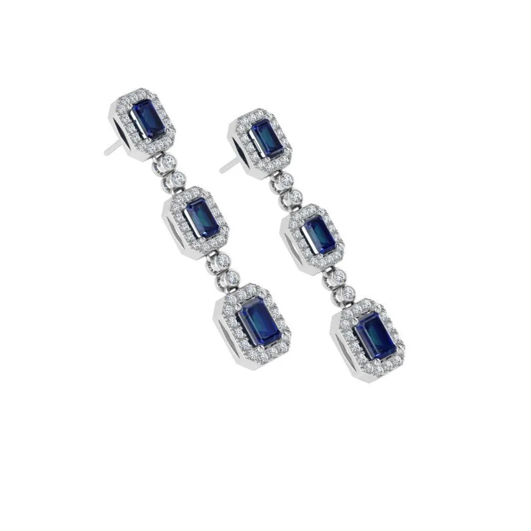 Emerald cut Sapphire 1 carat Diamond Halo earrings