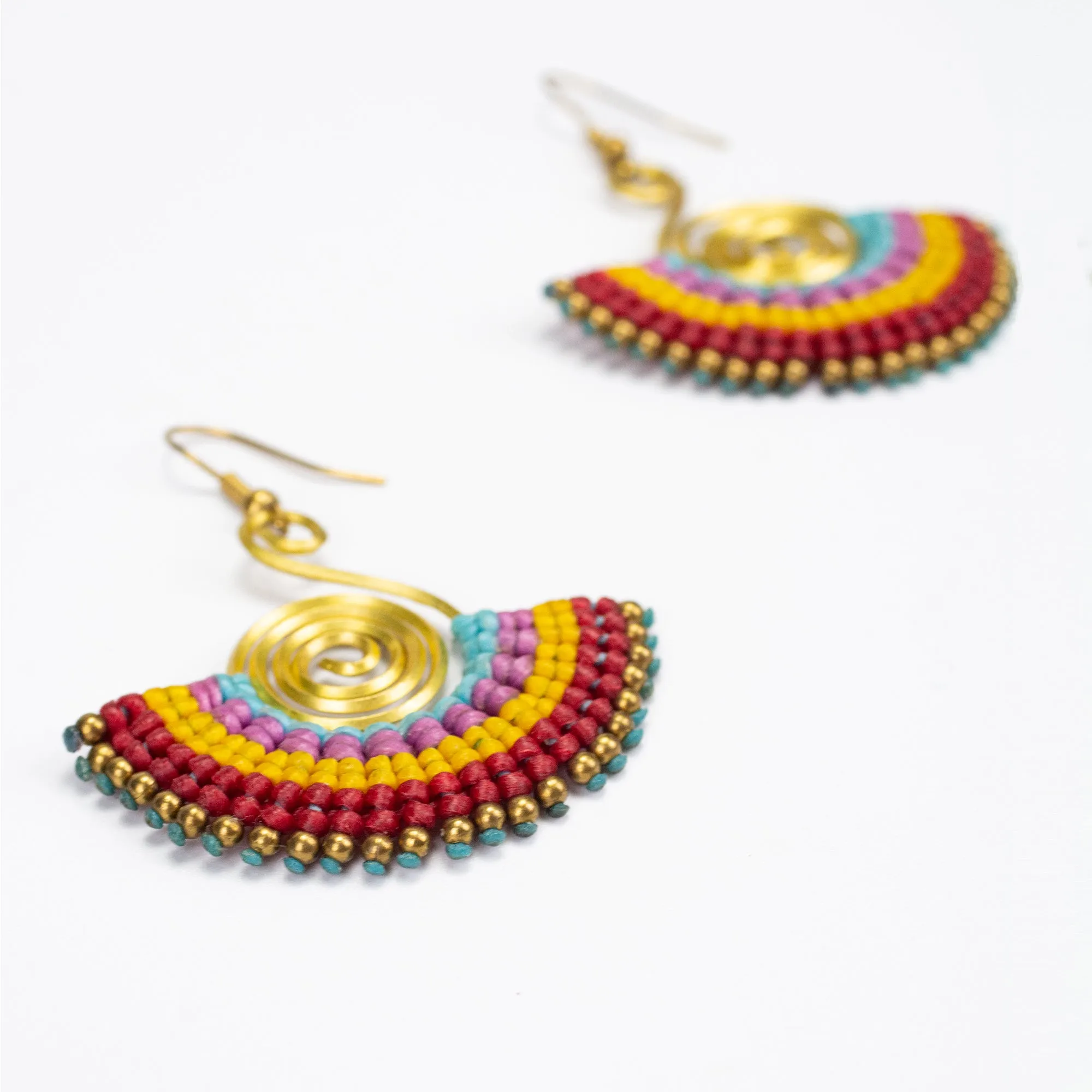 Fan Red Yellow Waxed String Spiral Brass Earrings