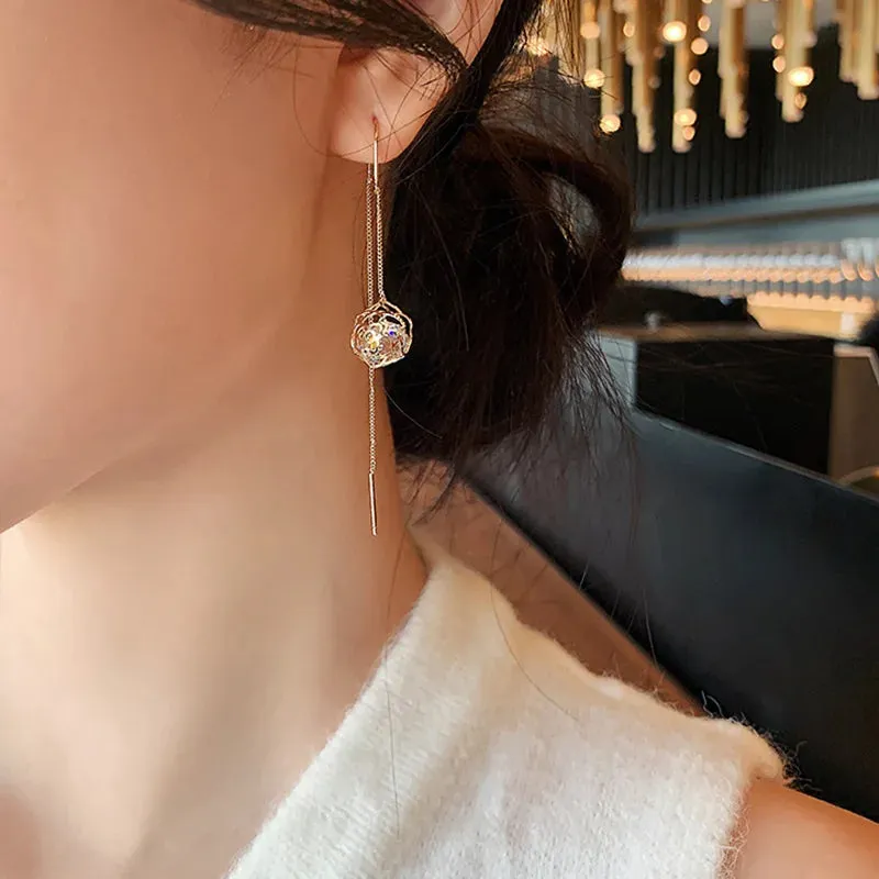 Fashion Elegant Zircon Flower Long Tassel Korean Luxury New Earring