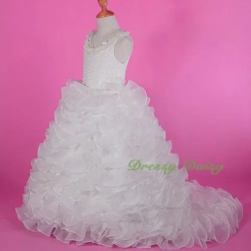 FG238 Girls Lace Organza Ruffle Tiered Party Flower Girl Dresses Ball Gown Size 2-10