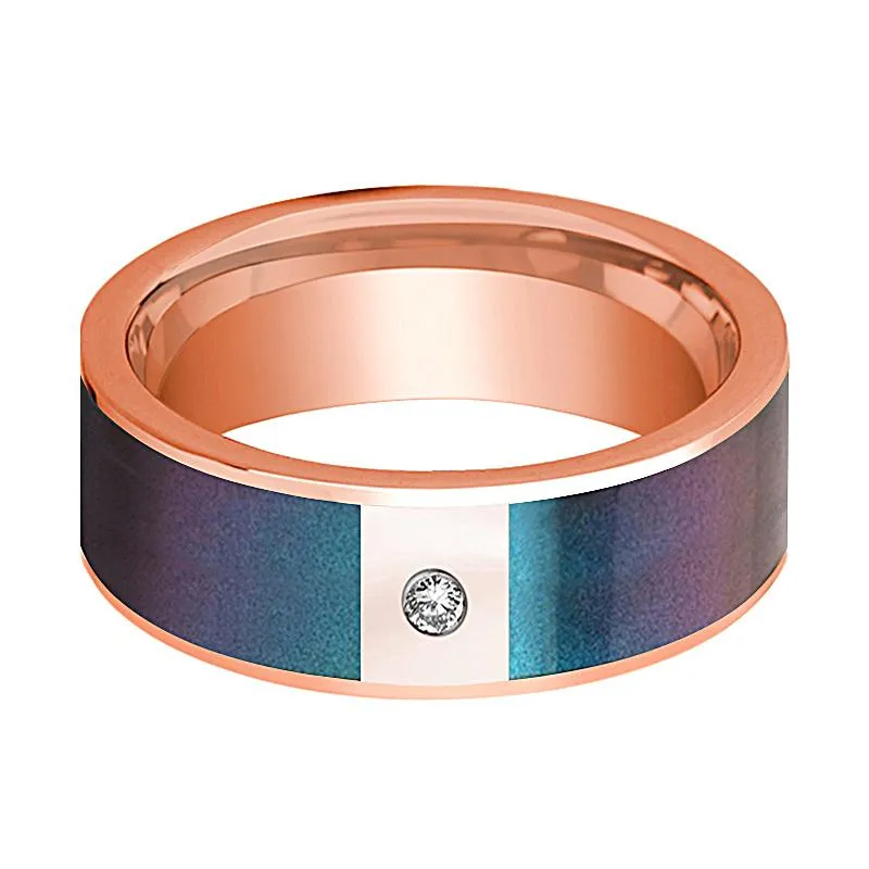 Flat 14k Rose Gold Wedding Band for Men with Blue/Purple Color Changing Inlay and Diamond - 8MM