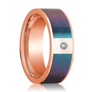 Flat 14k Rose Gold Wedding Band for Men with Blue/Purple Color Changing Inlay and Diamond - 8MM