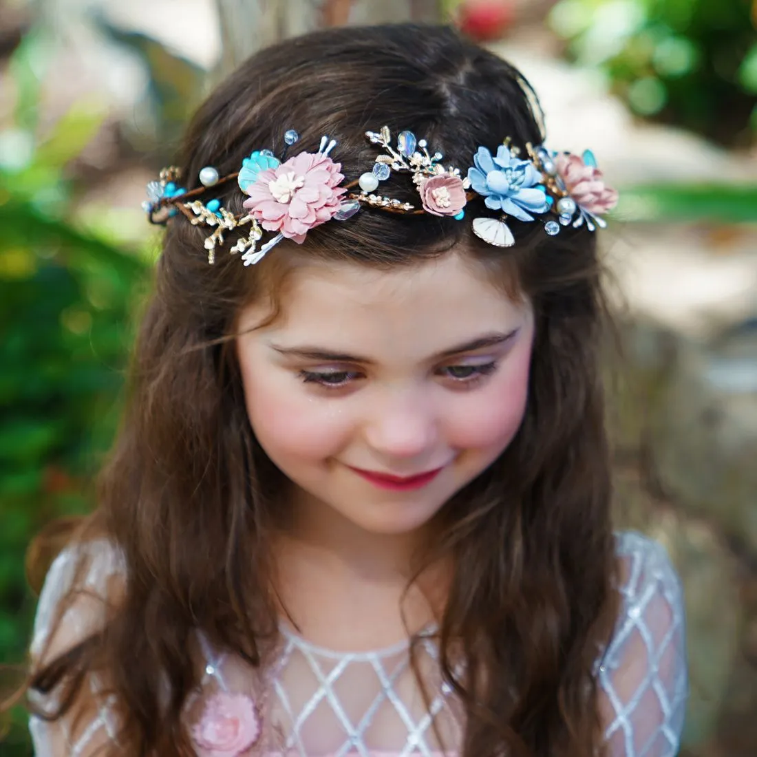 Floral Crystal & Pearl Vine Tiara - Pinky Turquoise