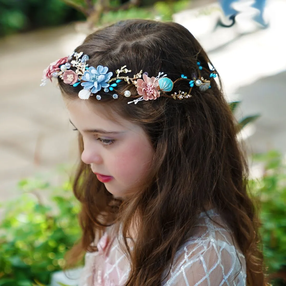 Floral Crystal & Pearl Vine Tiara - Pinky Turquoise