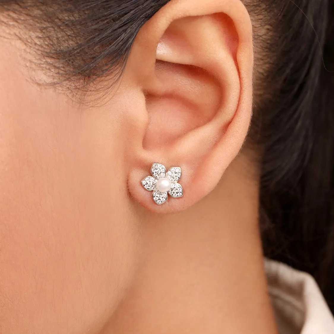 Floral Pearl CZ Rhodium Plated 925 Sterling Silver Stud Earring