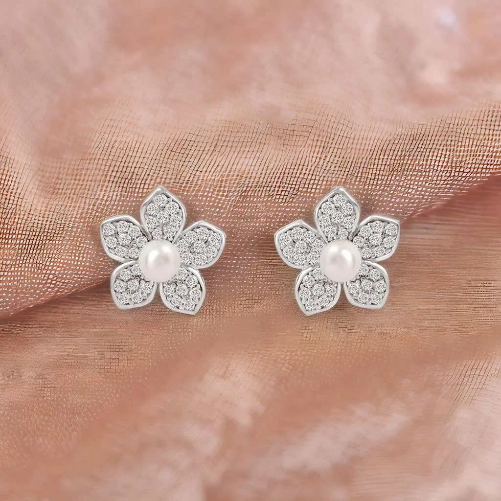 Floral Pearl CZ Rhodium Plated 925 Sterling Silver Stud Earring