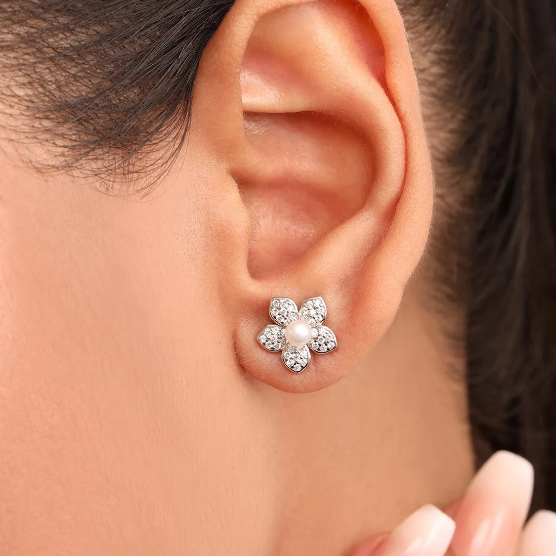 Floral Pearl CZ Rhodium Plated 925 Sterling Silver Stud Earring