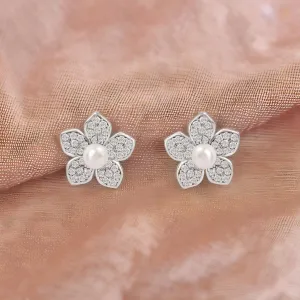 Floral Pearl CZ Rhodium Plated 925 Sterling Silver Stud Earring